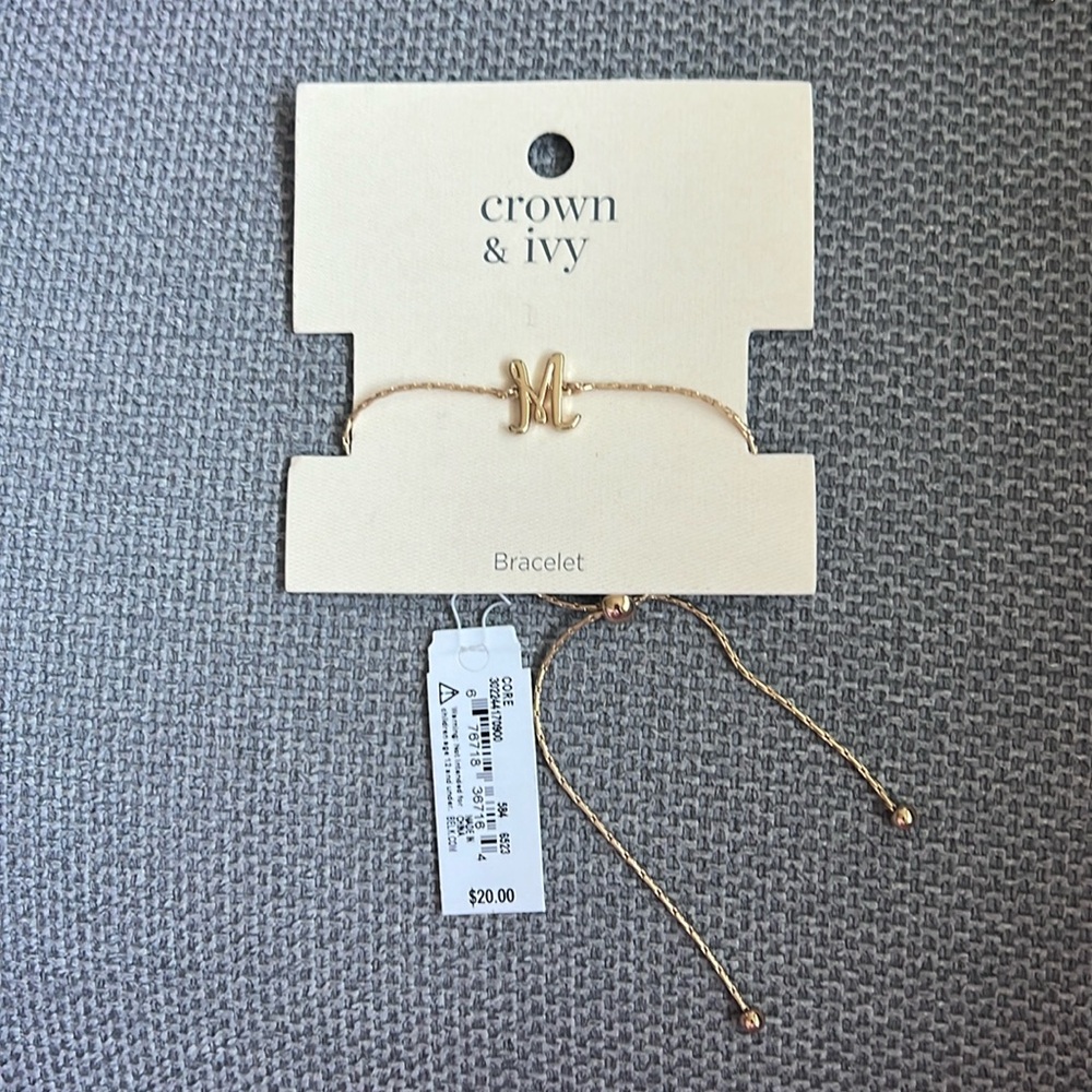 M initial adjustable gold tone bracelet
